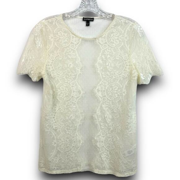 Express Sheer Lace Short Sleeve Top Blouse Eyelish Trim Cream Off White Size XS - Picture 1 of 7